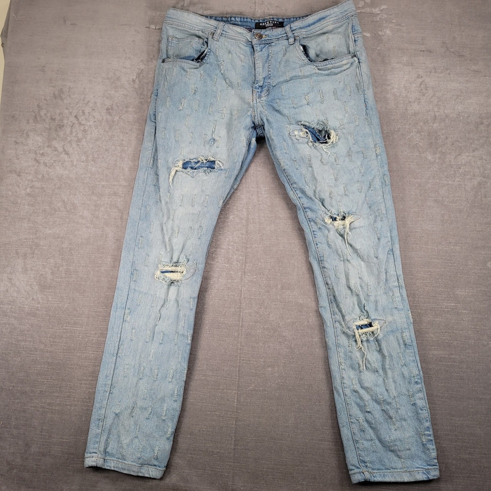 Arketype Y2K Distressed Ripped Jeans Light Wash‎ Denim Slim Fit Mens